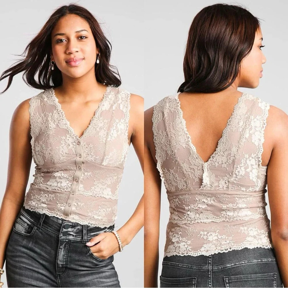 Gimmicks by BKE Floral Mesh Lace Tank Top Cream Valentine Cottagecore Size XS - Picture 2 of 14